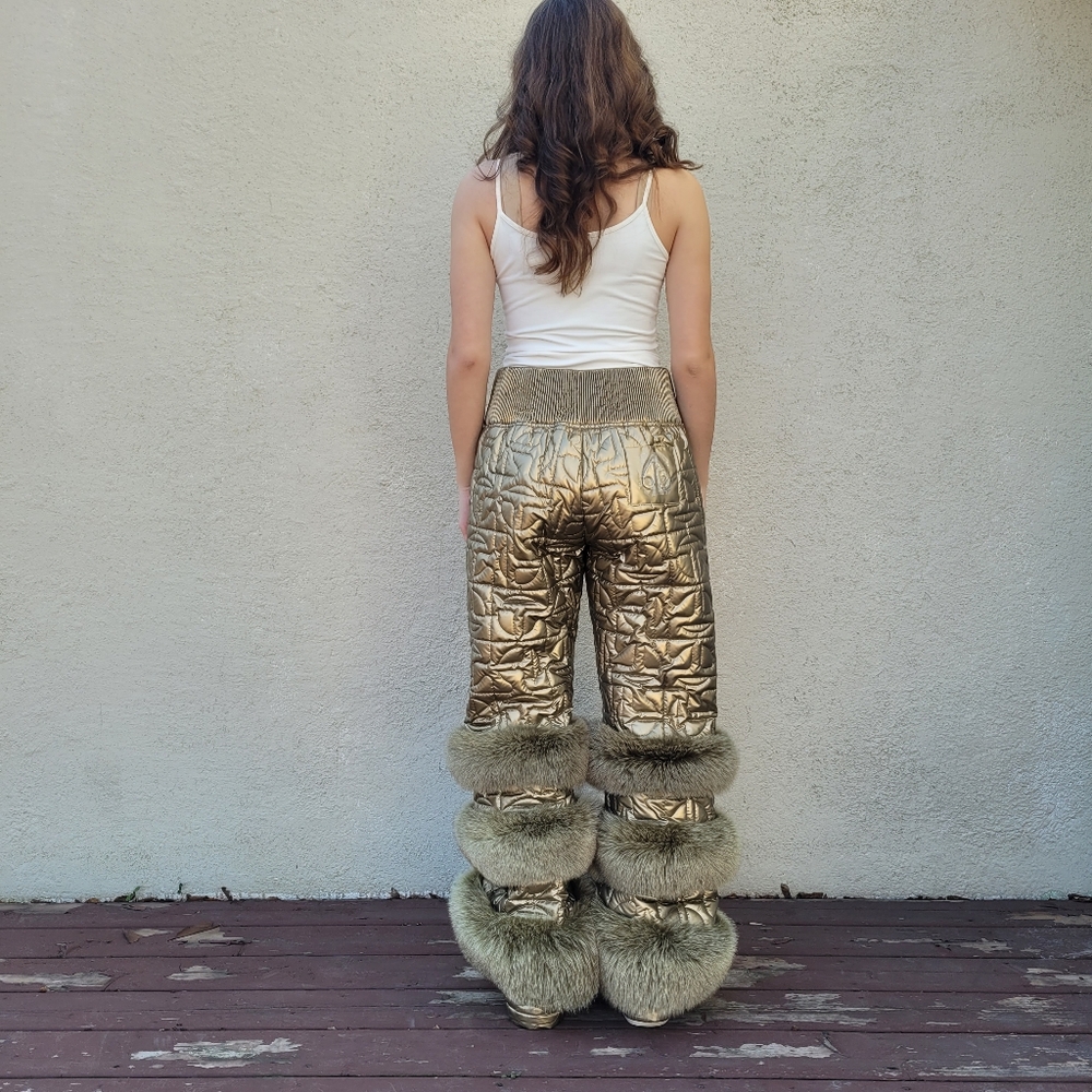 Moose Knuckles Metallic Gold Quilted Ski Pants with Fur Trim - Picture 4 of 13